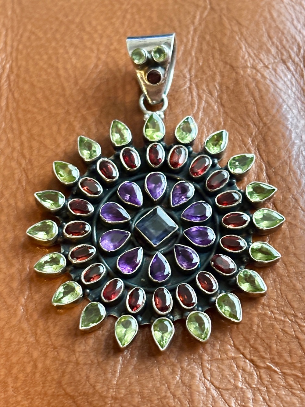 Vintage 2.75”  Multicolor Faceted Gemstone Sunburst Pendant 22+ grams 925 Silver
